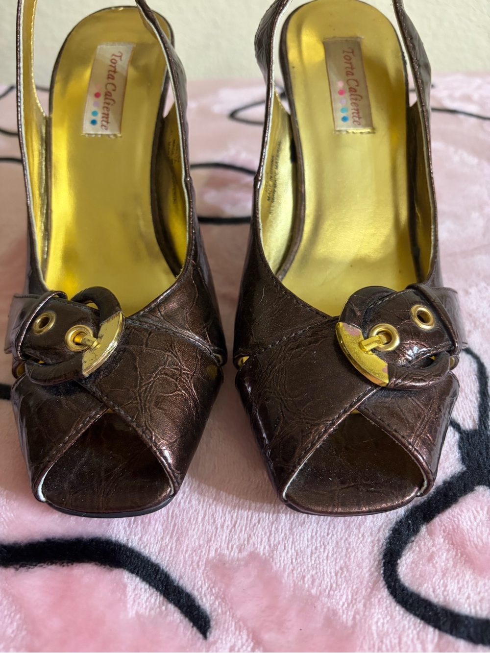Torta Caliente Brown Peep-Toe Slingback Heels with Gold Buckle Detail